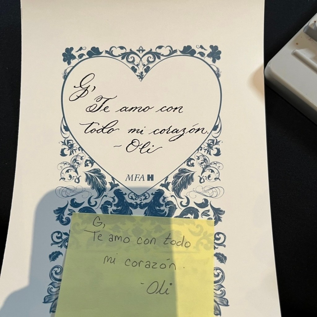 Dip pen calligraphy Valentine’s Day cards at the Houston Museum of Fine Arts Rienzi Twilight Evening event, handwritten by Jessica Wofford for guests and couples.