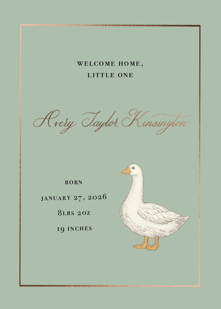 Sage green baby announcement featuring a white goose illustration, foil pressed frame, and elegant calligraphy baby name