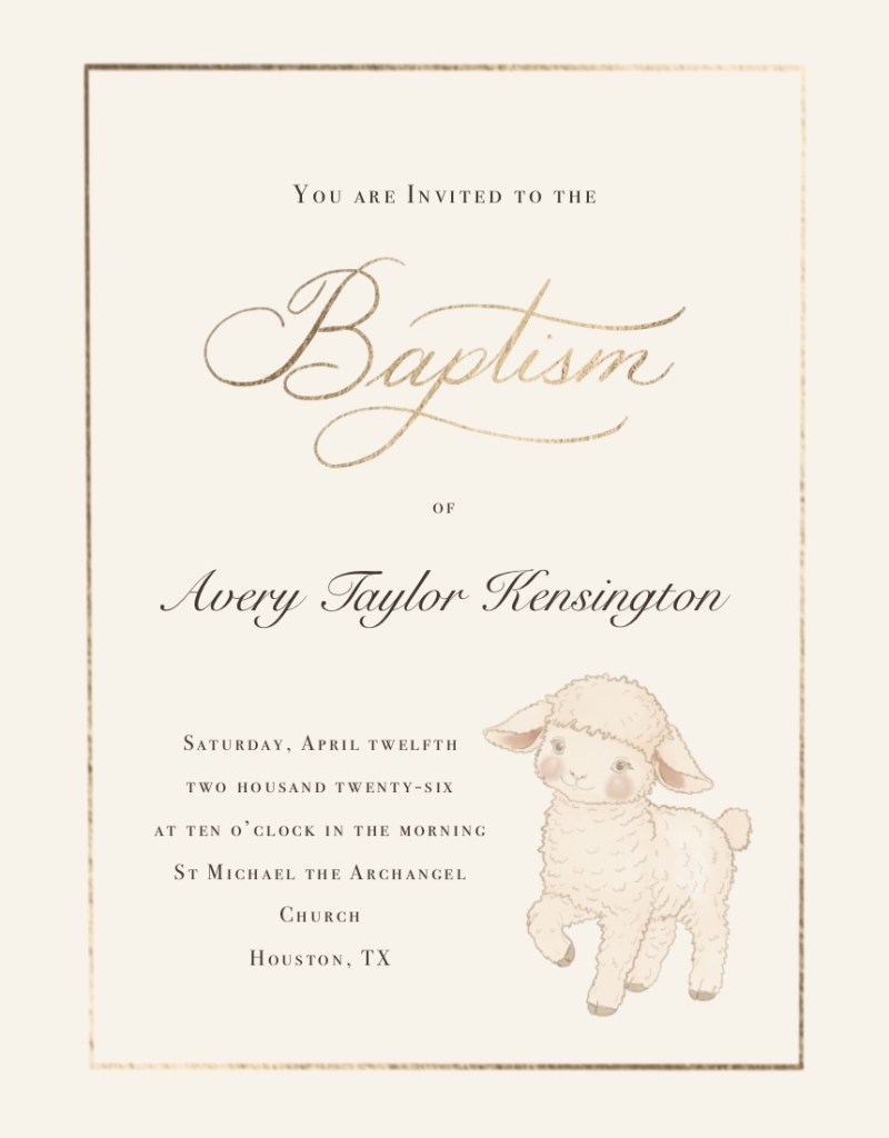 Baptism invitation featuring a lamb illustration, foil calligraphy lettering, and classic religious design created for Minted