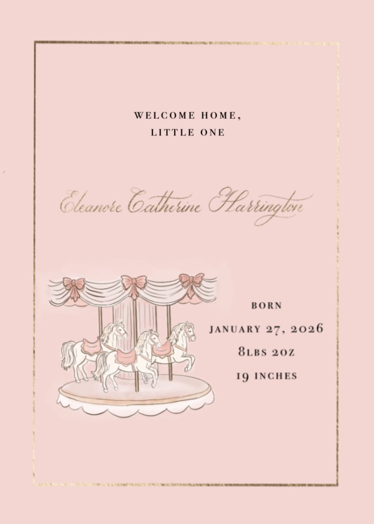 Soft pink baby announcement featuring a vintage carousel illustration, foil pressed frame, and elegant calligraphy baby name