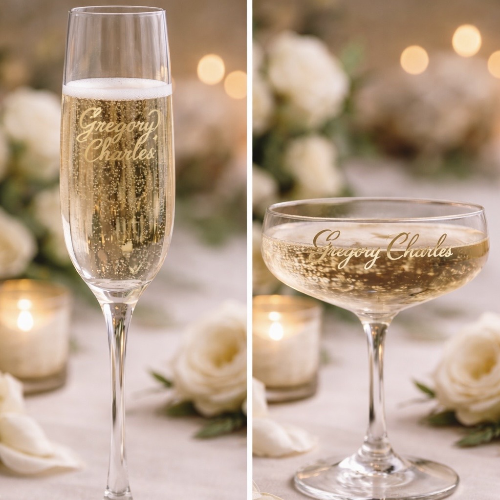 Custom engraved champagne flute and coupe with gold calligraphy name during luxury Houston wedding personalization event.