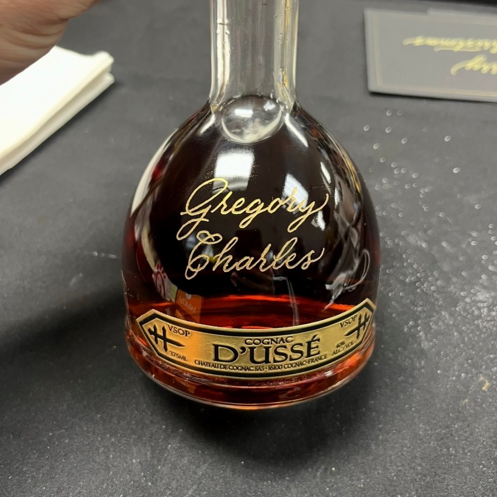 D’USSÉ cognac bottle engraved with the name “Gregory Charles” in gold-filled calligraphy as a personalized Valentine’s Day gift for him.