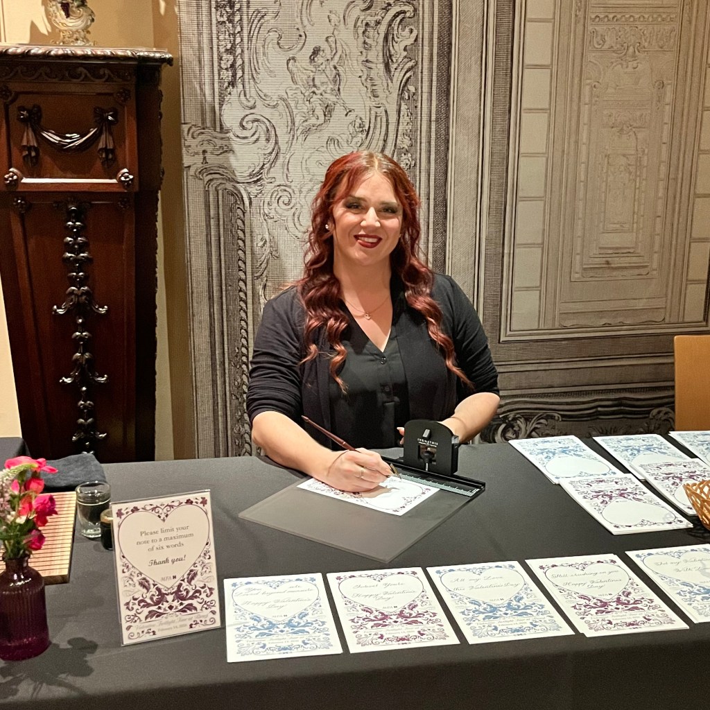 Houston calligrapher preparing for live personalization at the Houston Museum of Fine Arts Rienzi Valentine’s Day Twilight Evening event.