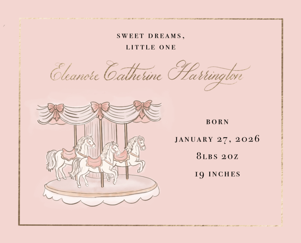 Carousel themed birth announcement featuring elegant script lettering paired with a serif all caps font.