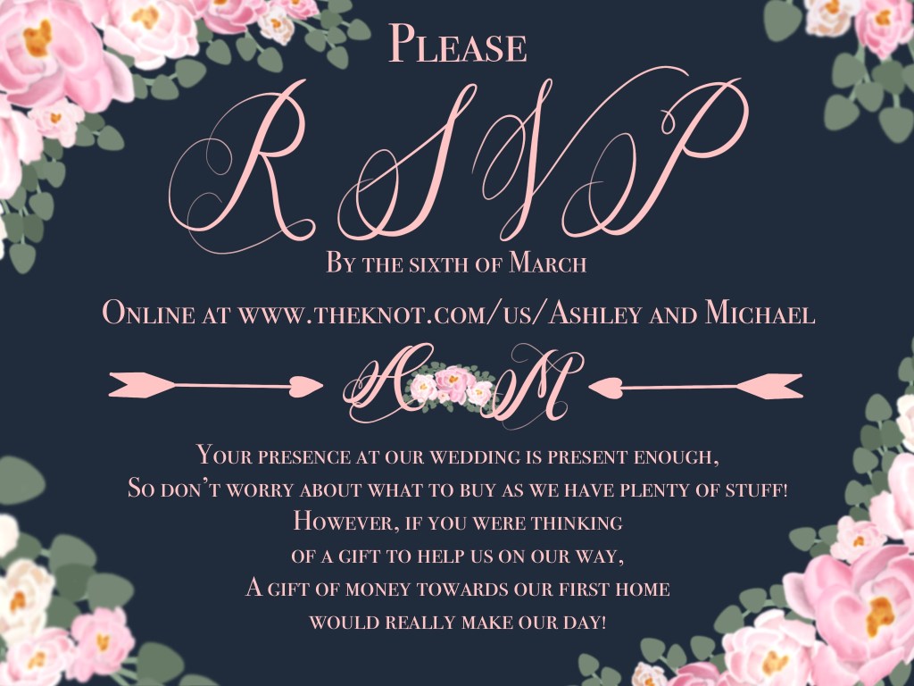 Custom wedding RSVP card with decorative script font, floral border illustrations, and personalized monogram design.