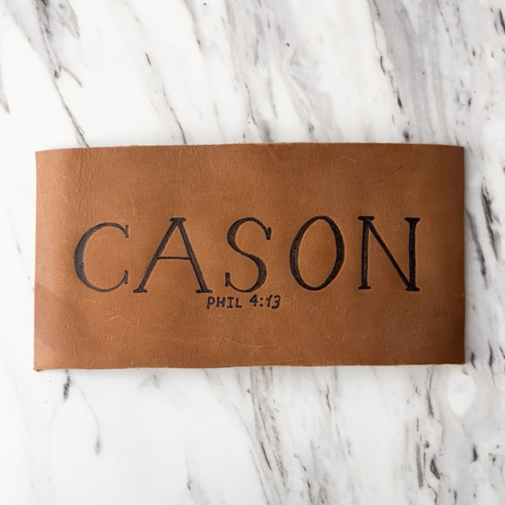 Custom leather name patch with Bible verse Philippians 4:13 engraved for First Communion gift