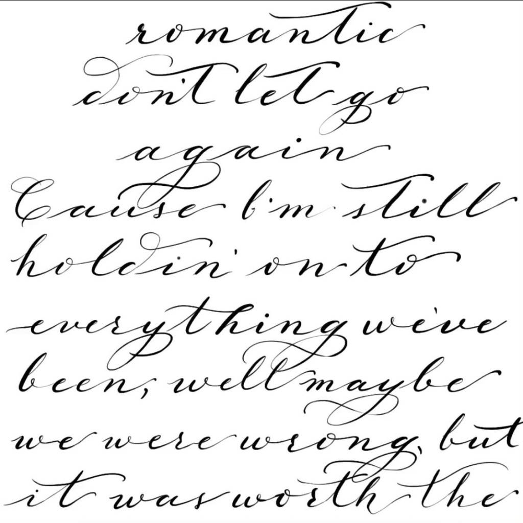 Examples of different calligraphy font styles including formal, romantic, beach, and modern lettering used for weddings and events.