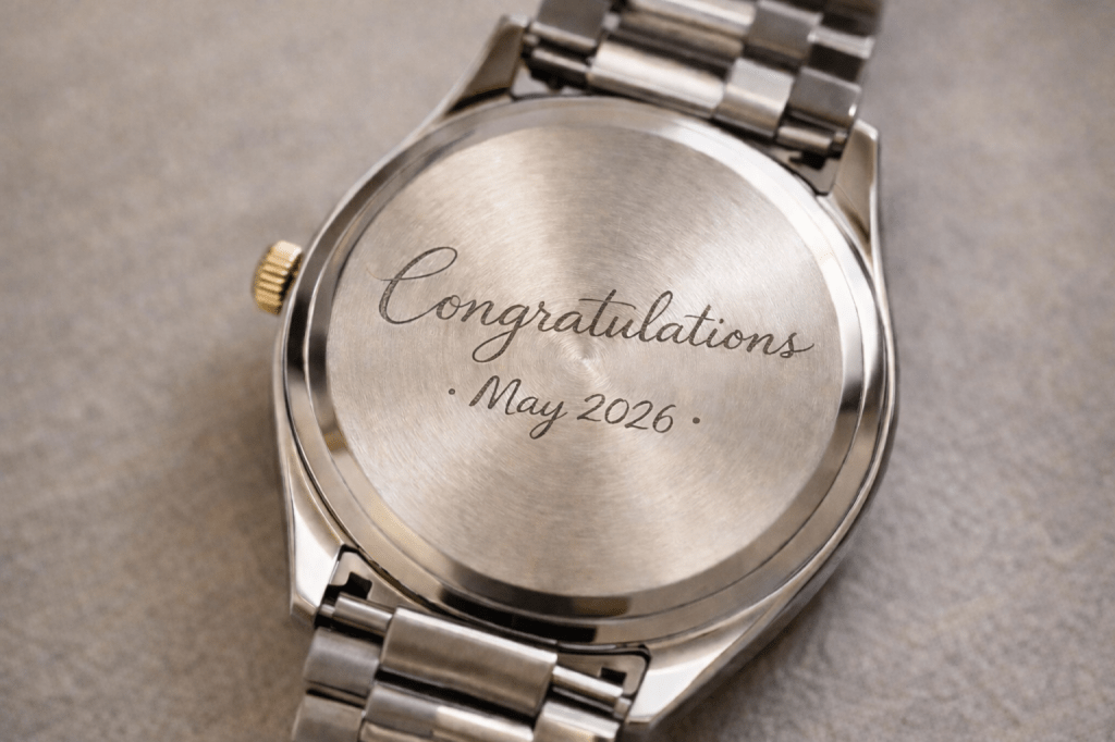 Engraved watch with handwritten congratulations and graduation date on back