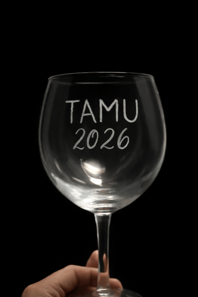 Engraved wine glass with TAMU 2026 for Texas A&M graduation gift