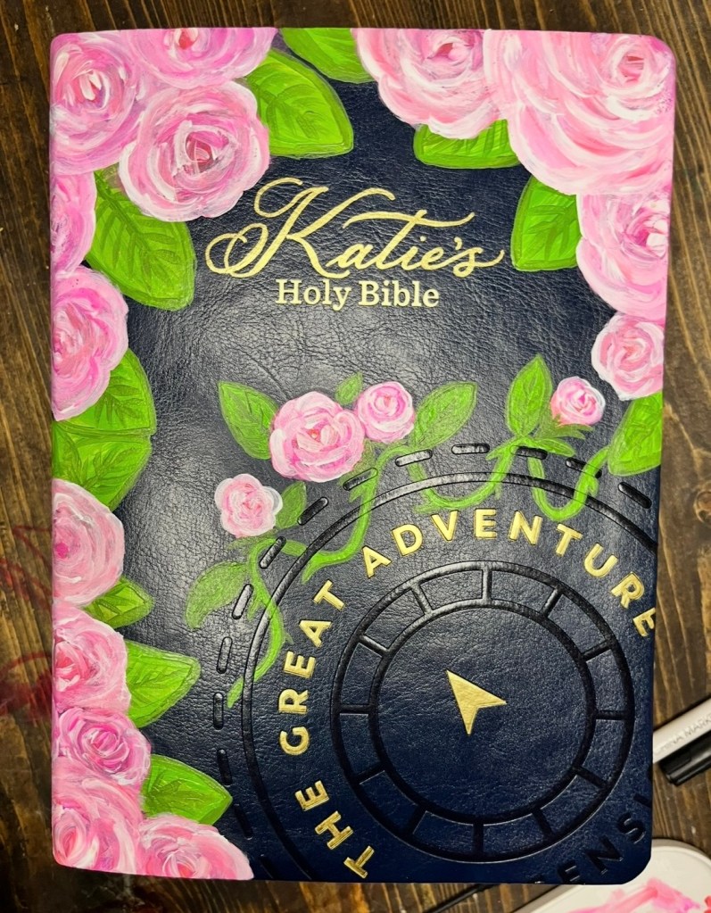 Hand-painted Bible with pink roses and personalized name in gold Christian graduation gift