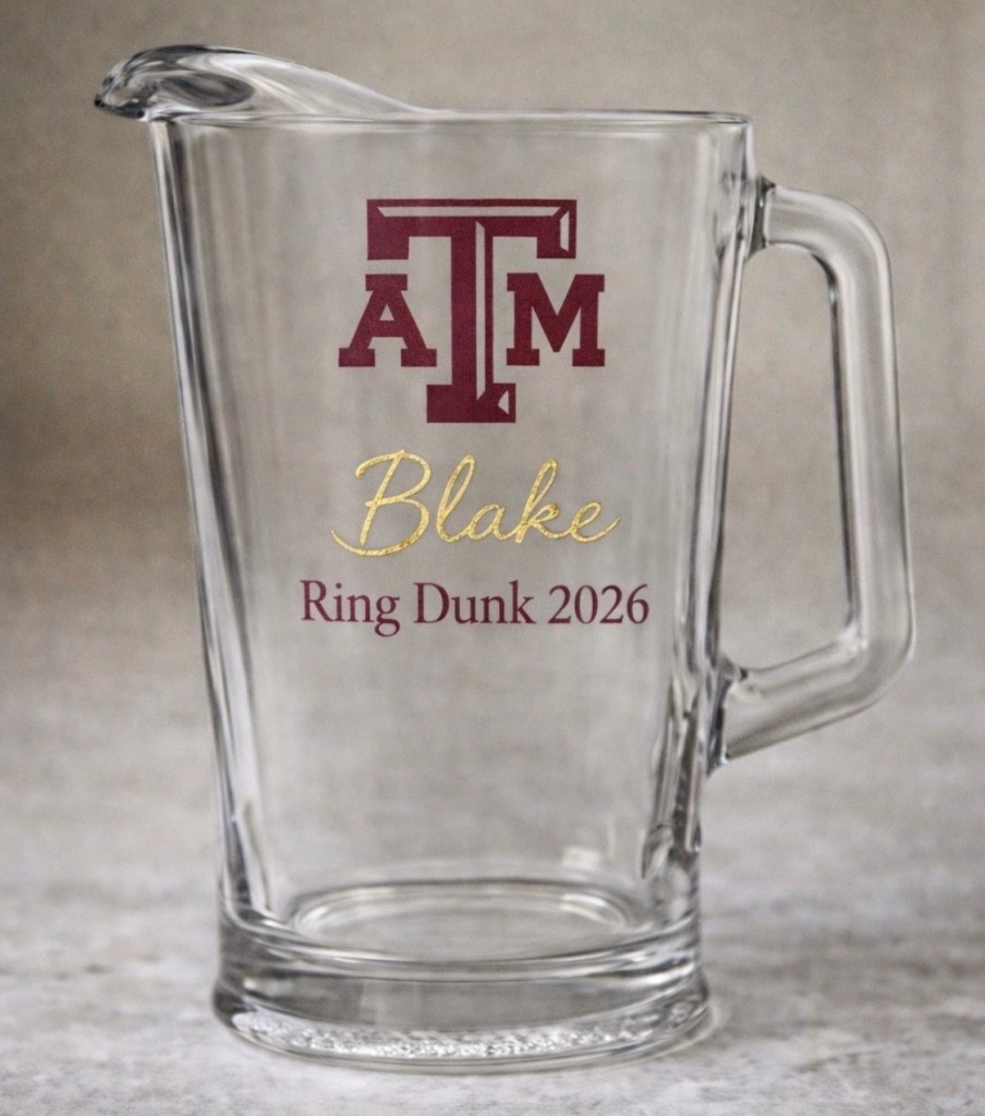 Texas A&M ring dunk pitcher with engraved name and class year personalized graduation gift