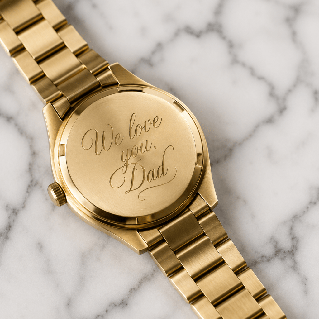 Gold wristwatch with a custom engraved message reading "We love you, Dad" on the back of the watch case.