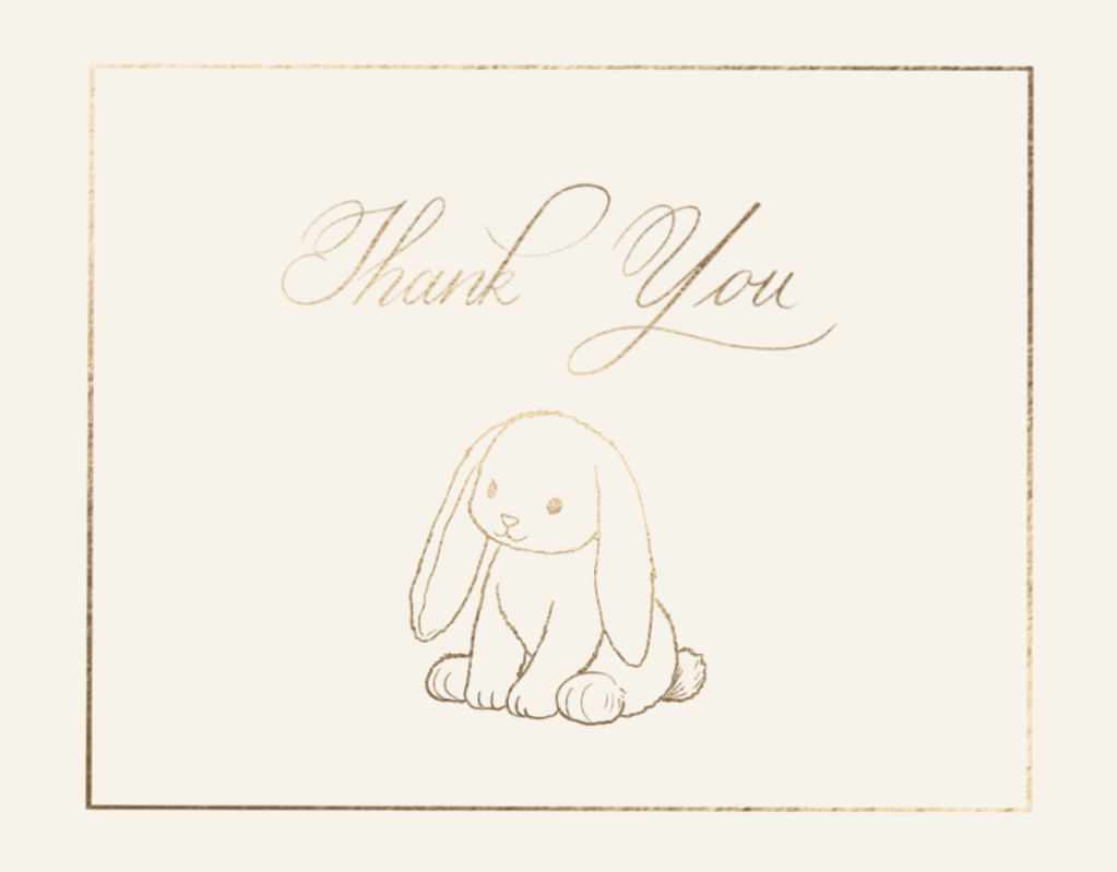 Hand-lettered thank you card design featuring calligraphy and an illustrated bunny, created for a Minted stationery design challenge.