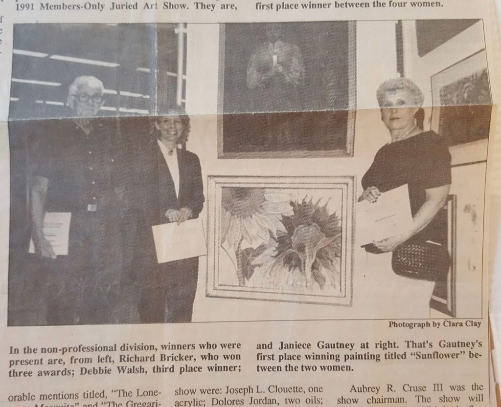 Newspaper clipping featuring my grandmother after winning an art show with one of her paintings.
