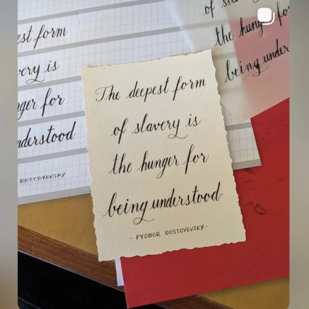 Student's completed pointed pen calligraphy quote created during a beginner calligraphy workshop at the Museum of Fine Arts, Houston Rienzi.
