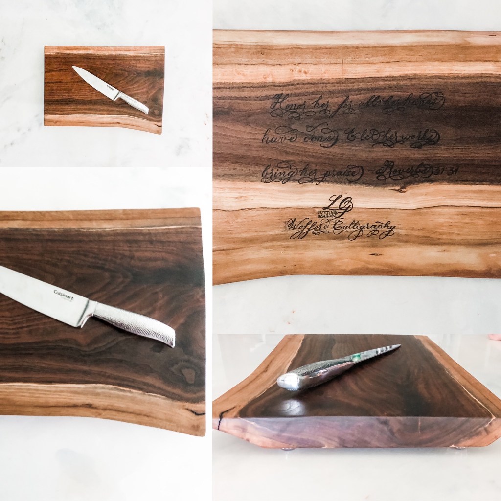 Handmade live edge walnut cutting board with a custom wood-burned inscription, designed as a personalized heirloom gift for a couple.