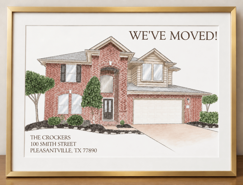 Custom watercolor house portrait framed as a personalized new home keepsake and designed as a We’ve Moved announcement.
