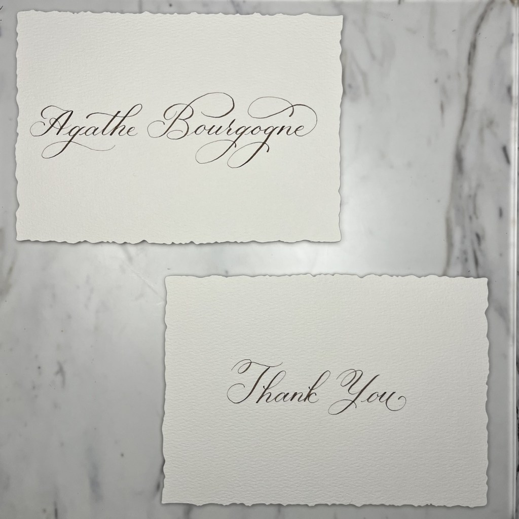 Handmade personalized thank-you card with a recipient’s name and Thank You written in flourishing dip pen calligraphy.